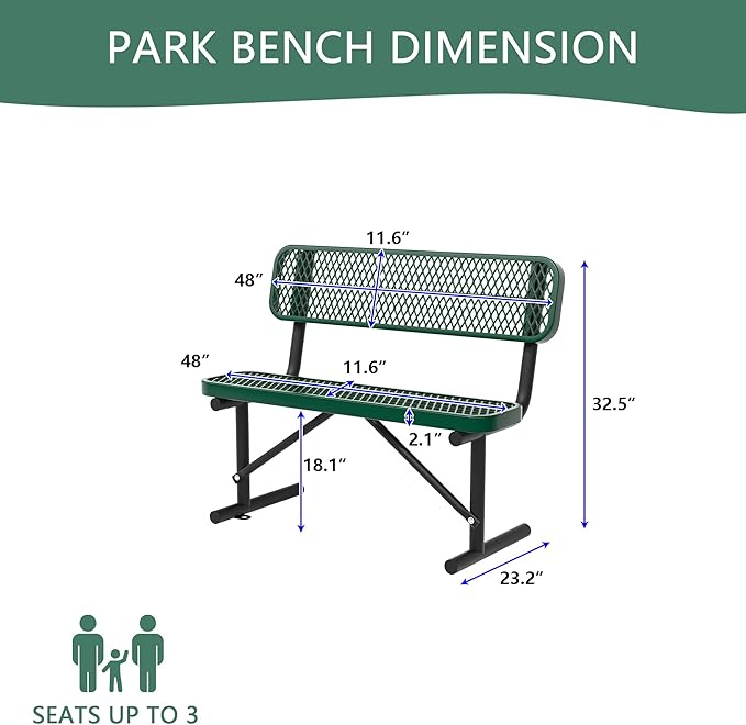 4/6/8 Feet Park Bench for Outside Heavy Duty Metal, Garden Benches Outdoor Bench with Backrest & Portable Frame, for Shopping Malls Stores Parks Patios Decks, Green