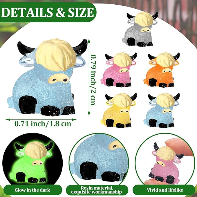 50 Pcs Luminous Mini Highland Cow Figurines Resin Miniature Highlandcow Statues Tiny Cows Miniatures Glow in The Dark for Dollhouse Micro Landscape DIY Home Outdoor Party Decor