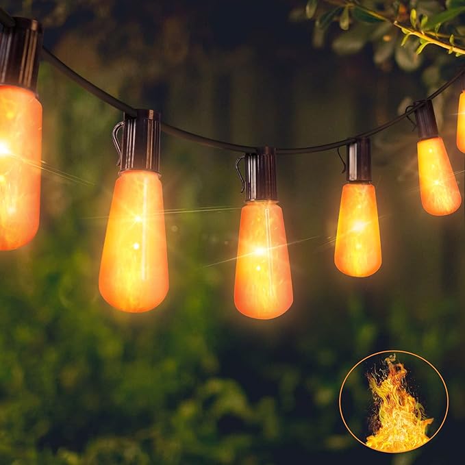 Flickering Flame String Lights - 22Ft 20LED for Outside, Plug-in Garden Decor - Halloween Christmas Indoor Outdoor, Connectable Backyard Decorative Cafe Bistro Patio