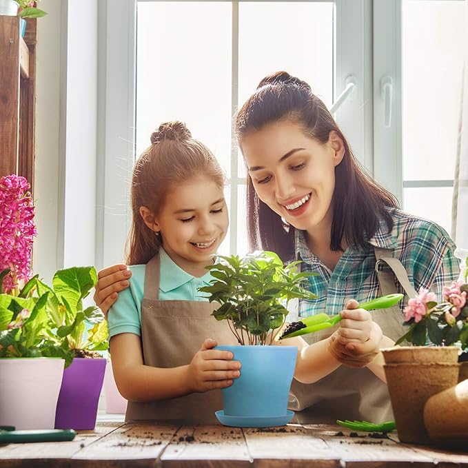 ADXCO 12 Pack 4 Inch Plastic Planters Flower Plant Pots Multi Color Flower Seedling Nursery Pots Thick Outdoor Indoor Plants for Your Room, Office, Garden Decor with Pallet, 8 Colors