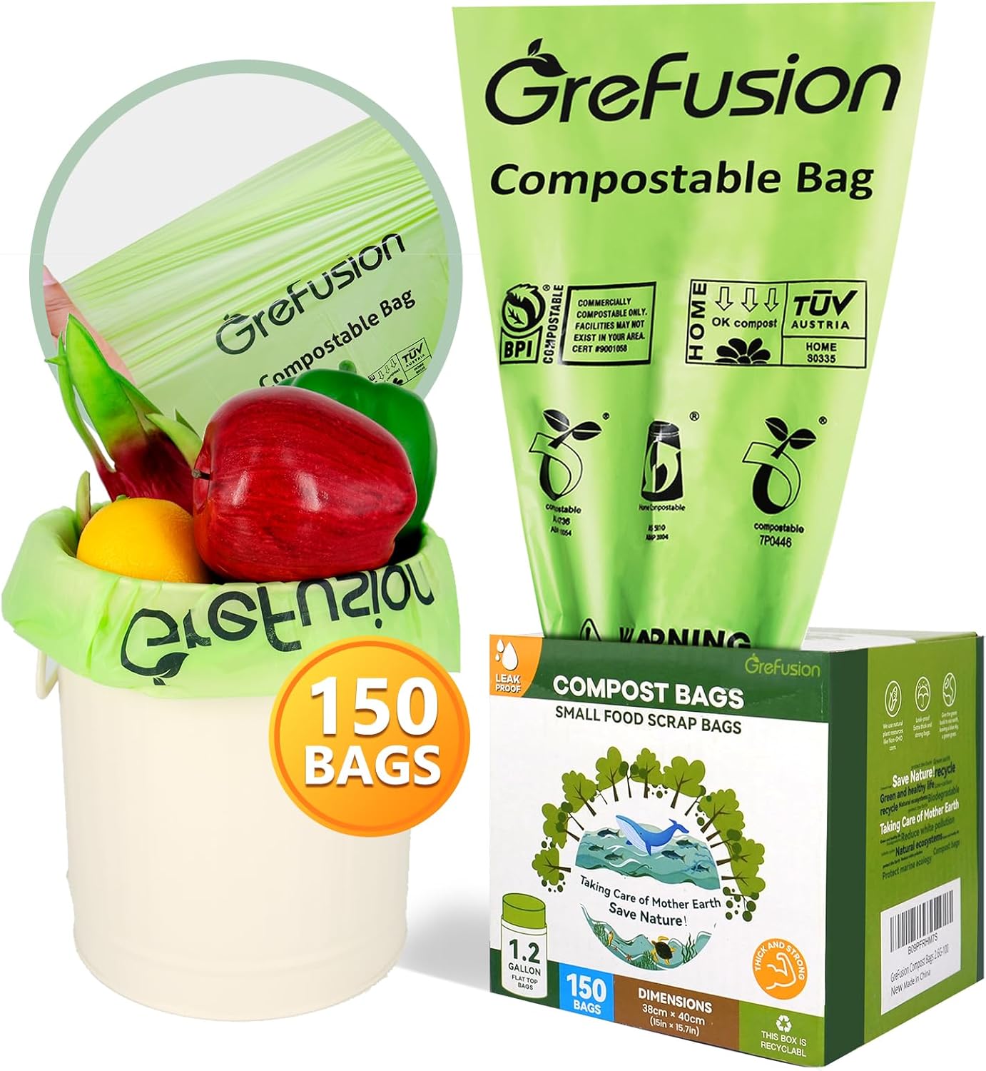 Compostable Trash Bags for Kitchen Compost Bin 1.2 Gallon,150 Count,Compost Bags Small for Food Scrap Waste Bags for Countertop Bin Certified by BPI,ASTM D6400 and OK Compost