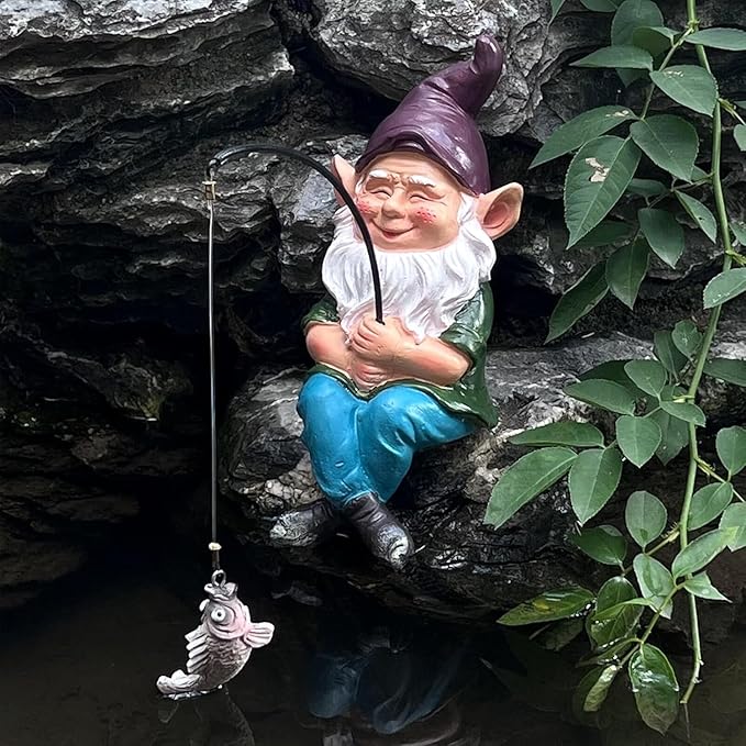 Gnomes Fishing Statue Garden Decor – 9.8" Weatherproof Resin Gnomes Fishing Sculpture Decor for Fish Ponds, Koi Ponds, Waterfalls, Poolside & Outdoor Gardens– Resin Figurine for Indoor & Outdoor Décor