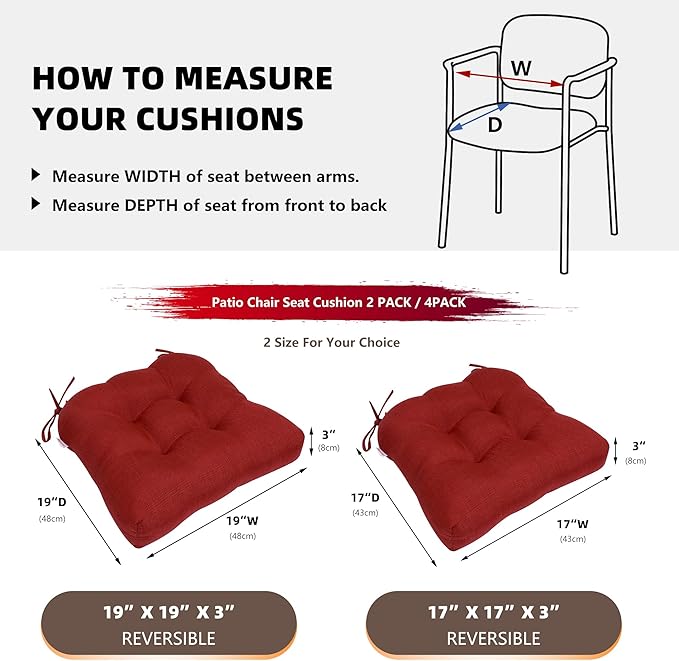 RACE LEAF 17" x 17" Patio Chair Seat Pads Red - Outdoor/Indoor Patio Cushions Set of 2 - Replacement Cushions for Chairs and Seating - Olefin Seat Pads for Porch, Deck, and Garden Seats
