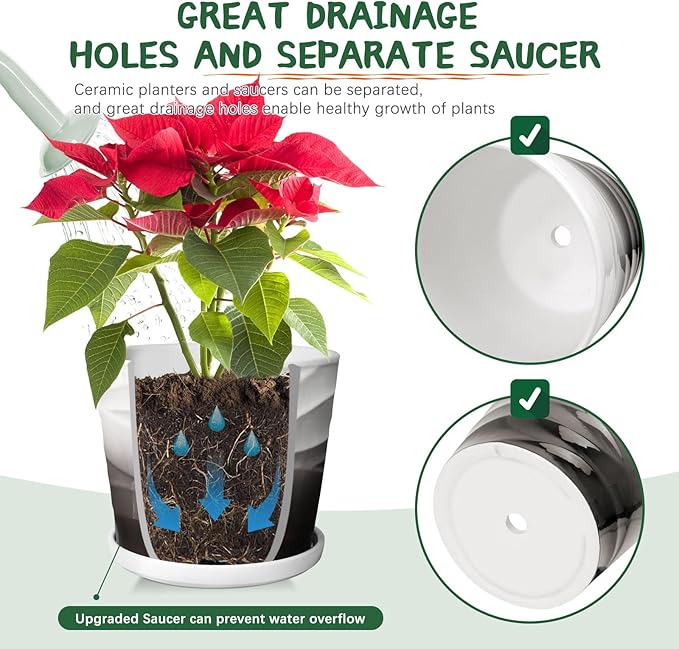 8 Inch Indoor Plant Pot with Drainage Holes and Saucers, Ceramic Planter for Plants, Succulent Orchid Flower Pots(Dark Gray+White)
