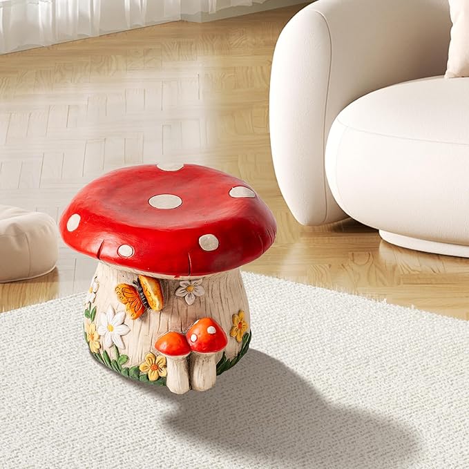 14''W Mushroom House Statue Outdoor Statues Garden Resin Stool Over-Sized Sculpture Forest Pedestal Spring Decor for Home Courtyard Lawn Patio Summer Ornament Indoor Stool