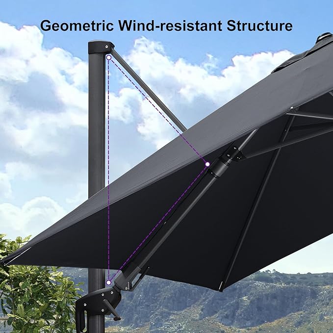 PURPLE LEAF 6.5' X 10' Right-left Tilt Patio Umbrella with Base Outdoor Cantilever Swivel Rectangle Umbrella Aluminum Offset Umbrella with 360-degree Rotation for Garden Deck Pool Patio Grey