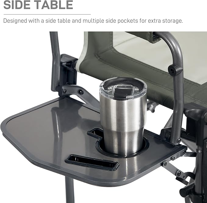 EVER ADVANCED Portable 30.7" Seat Height Tall Folding Camping Chair Directors Chair High Foldable Bar Stool with Side Table for Makeup Artist, Sports Event, Craft Show, Supports 350LBS Green Grey