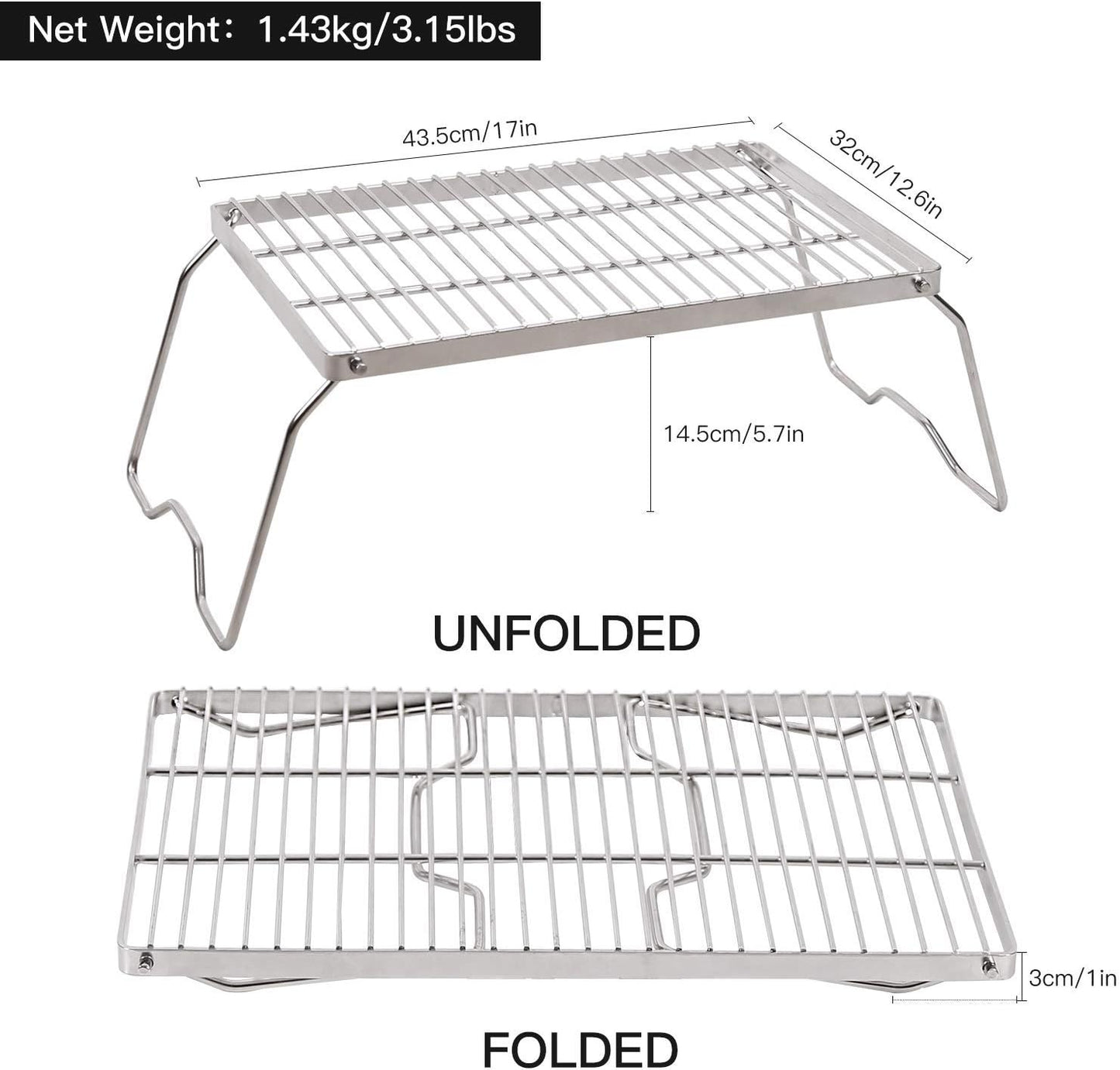 REDCAMP 17" Large Folding Campfire Grill 304 Stainless Steel Grate, Heavy Duty Portable Camping Grill with Carrying Bag for Outdoor Cooking Backpacking Hiking Picnics BBQ