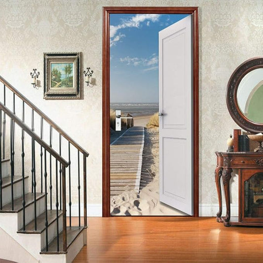3D Door Wallpaper Self-Adhesive Door Poster - Beach Street - Door Film Photo Wallpaper Premium PVC Waterproof Door Sticker Wall Sticker for Bedroom Living Room Door Decoration Stickers 80 x 200 cm