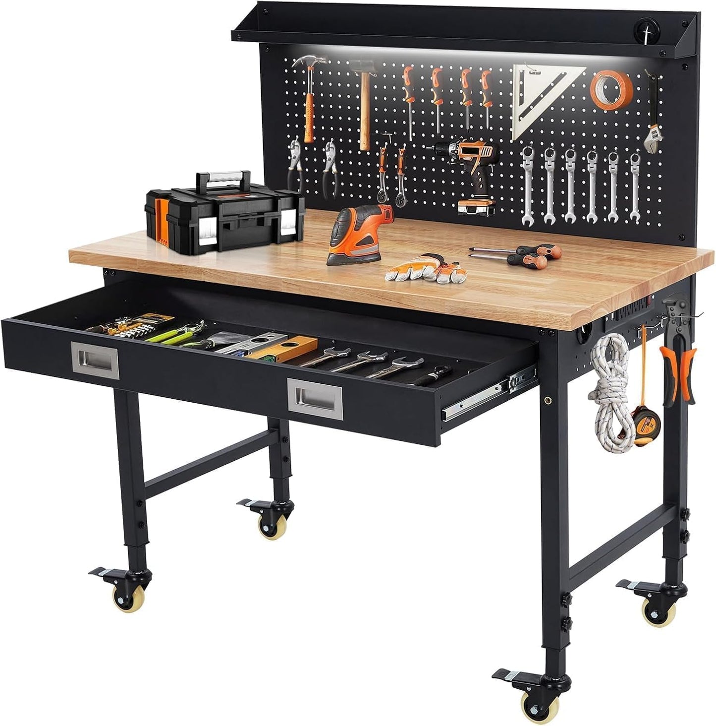 48'' Adjustable Workbench, Heavy Duty Workbench with Drawer and Backplate, 2000 LBS Capacity Work Table with Power Outlet and Lockable Wheels, Suitable for Office, Garage, Workshop