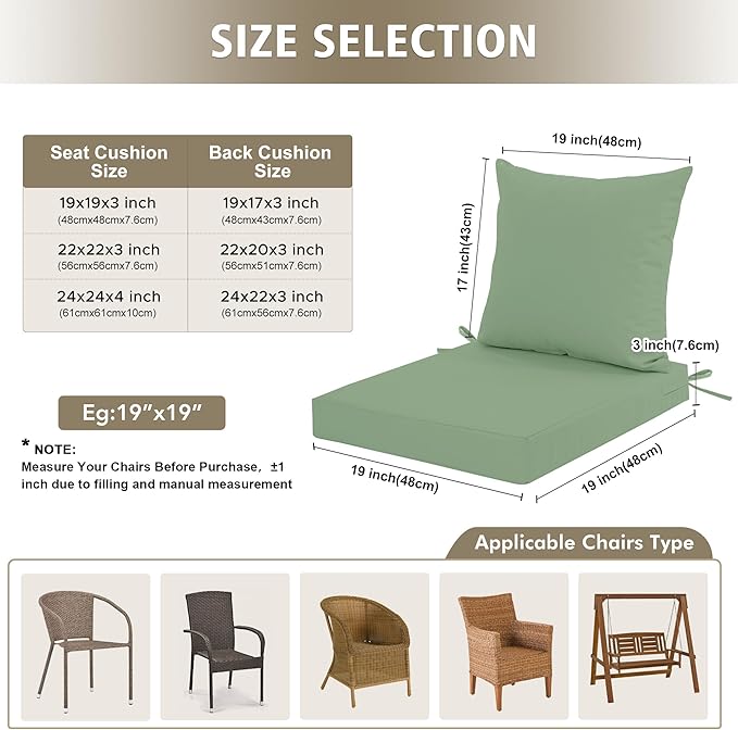 24x24 Inch Outdoor Cushions for Patio Furniture, Waterproof Outdoor Chair Cushions w/Fade-Resistant, Removable & Machine-Washable Covers, Deep Seat Sofa/Couch Pads Replacement, Sage Green
