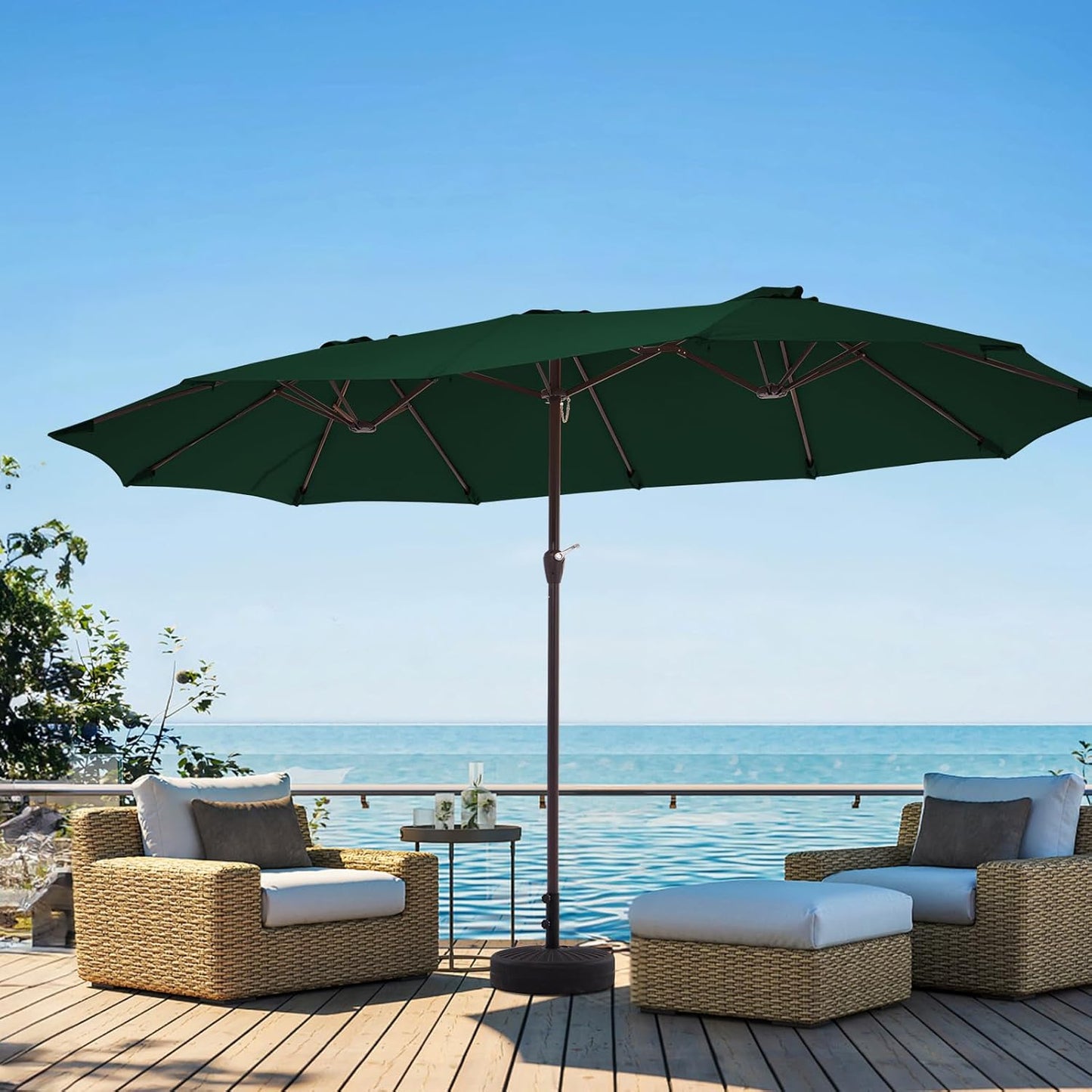 JEAREY 15FT Patio Umbrella Large Outdoor Umbrella Extra Double-Sided Market Umbrella with Crank Handle for Garden, Deck, Backyard and Pool, Dark Green