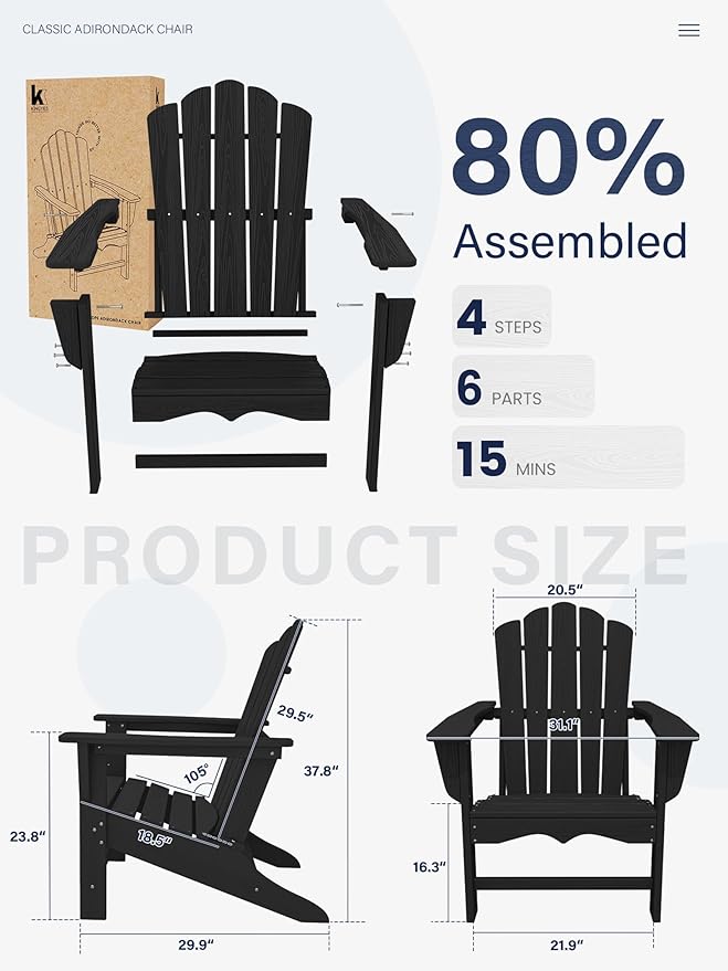KINGYES HDPE Adirondack Chair, Classic All-Weather Adirondack Chair, Black