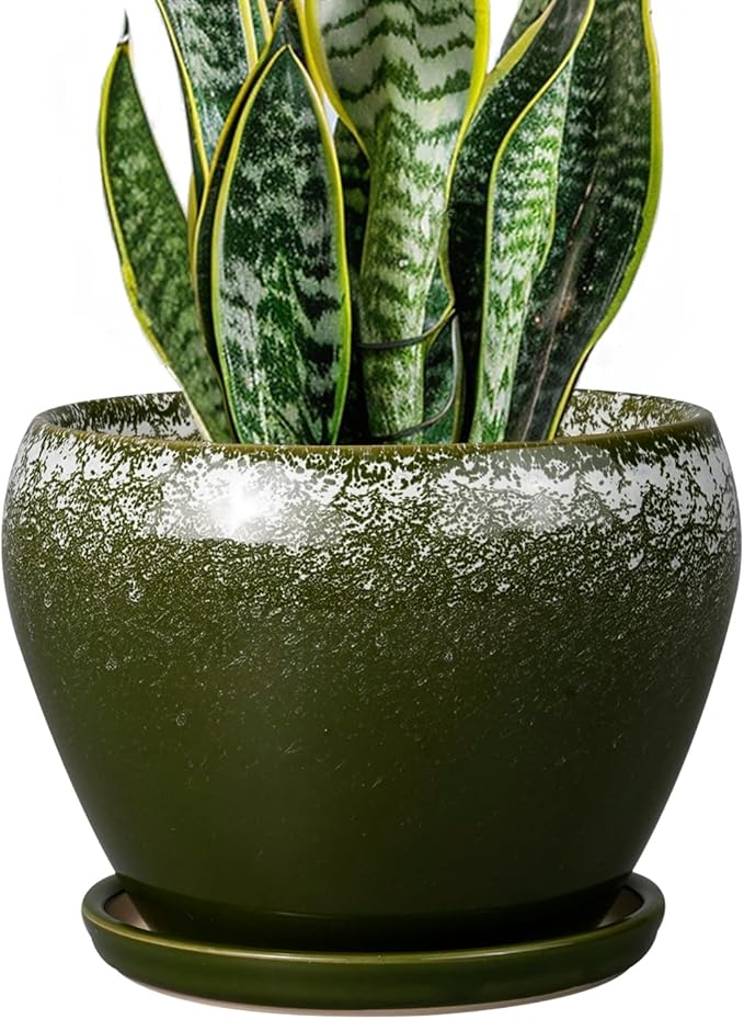 8 Inch Plant Pot - Ceramic Planter with Drainage Hole and Saucer, Modern Flower Pot for Glazed Indoor Plants Outdoor, Dark Green