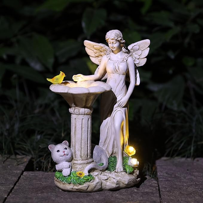 Angel Garden Statue, Solar Figurine with Outdoor Décor Resin Cat Sculpture Lawn Ornament,Ideal Yard Art for Patio Lawn Yard Housewarming Garden Gift