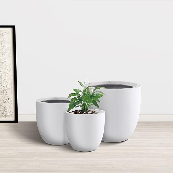 Kante 18",14",10" Dia Concrete Round Planters (Set of 3), Outdoor Indoor Large Planter Pots with Drainage Hole and Rubber Plug for Home Patio Garden, Pure White
