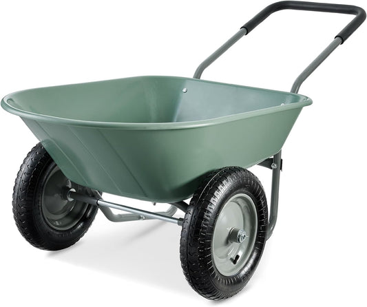 Best Choice Products Dual-Wheel Home Utility Yard Wheelbarrow Garden Cart w/Built-in Stand for Lawn, Gardening, Construction - Seafoam