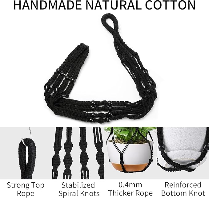 35 Inch Macrame Plant Hanger - Fits 4-13 Inch Pots, Supports Up to 22lbs, Sturdy Hanging Planter Holder for Indoor Outdoor, Boho Home Decor, 2 Pack, Black (POTS NOT Included)