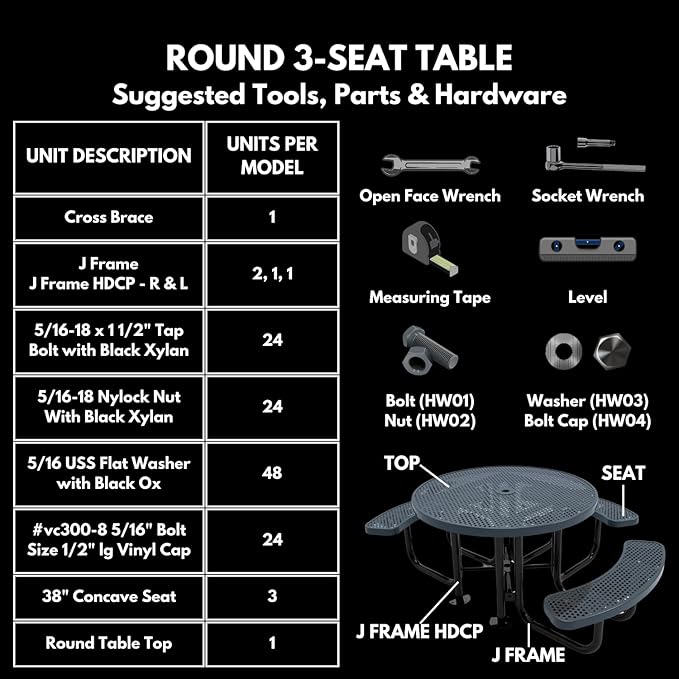 Heavy-Duty Portable Outdoor Picnic Table with Umbrella Hole, Punched Steel Patio Dining Furniture Made in America (46" Round Top, Textured Brown)