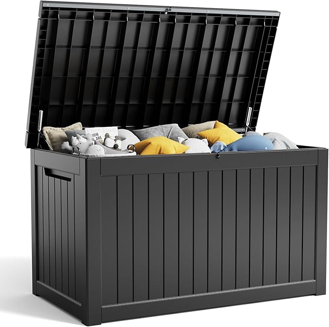 XXL 230 Gallon Large Resin Deck Box, Outdoor Lockable Storage Box for Patio Cushions Storage Furniture, Pool Supplies, Garden Tools, Weatherproof and UV Resistant- Black (230 Gallon)