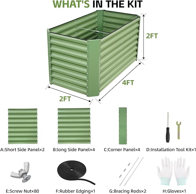 4x2x2ft (2 Pack) Raised Garden Bed - Galvanized Deep Root Planter Boxes Outdoor with Wing Nuts and Safety Edges for Gardening Vegetables, Flowers, Herbs, Succulents - Olive Green