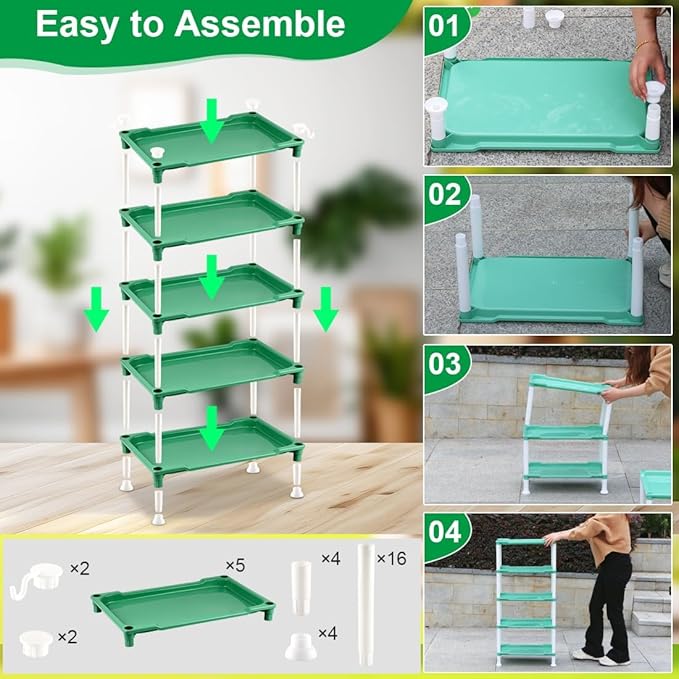 5-Tier Seed Stand with 5 Trays, Seed Starting Rack Propagation Rack Kit for Stackable Seedling Tray Seedling Staging Table for Indoor Outdoor Growing (H:37.6", W: 11.6”, L: 18.1") (Green)