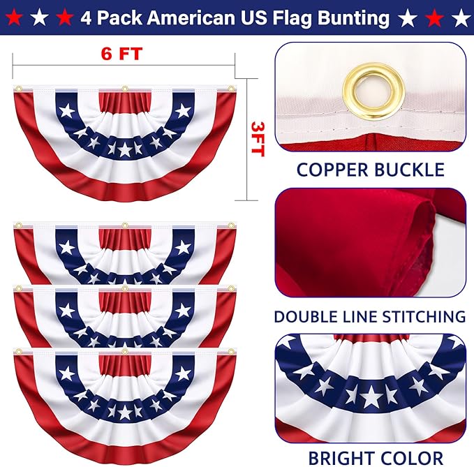 3x6 Ft 4 Pack American Pleated Bunting Fan Flags, Patriotic Half Fan Banner American Flag Decoration Bunting for Outside Red White and Blue Decor Independence Day Memorial Day 4th of july Decorations