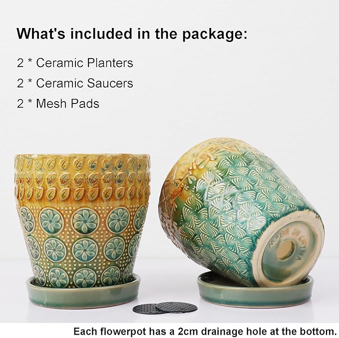 6 Inch Ceramic Planter with Drainage Hole and Saucer for Plants, Indoor-Outdoor Large Round Succulent Orchid Flower Pot, Set of 2