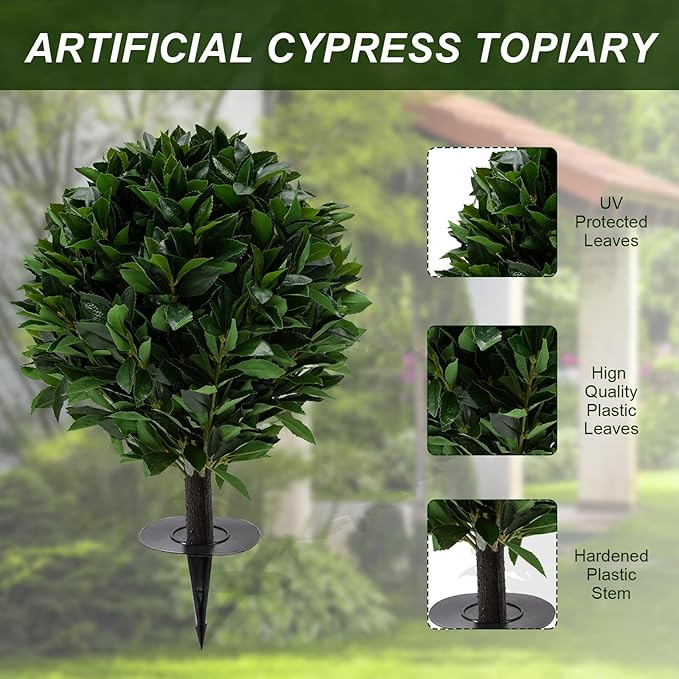 24" Outdoor Evergreens in Outdoor Artificial Shrub Potted Plant Plant for Indoor Porch of Home and Office 2 Pieces a Set Topiary Trees Faux Boxwood with Spike. Easy to Push in The Ground