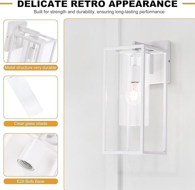 15.7 Inch Outdoor Wall Lights, White Outdoor Wall Lantern with Square Clear Glass Shade, Waterproof Exterior Lighting Fixtures, Modern Front Porch Lighting for House, Garage, E26 Base, ETL Listed