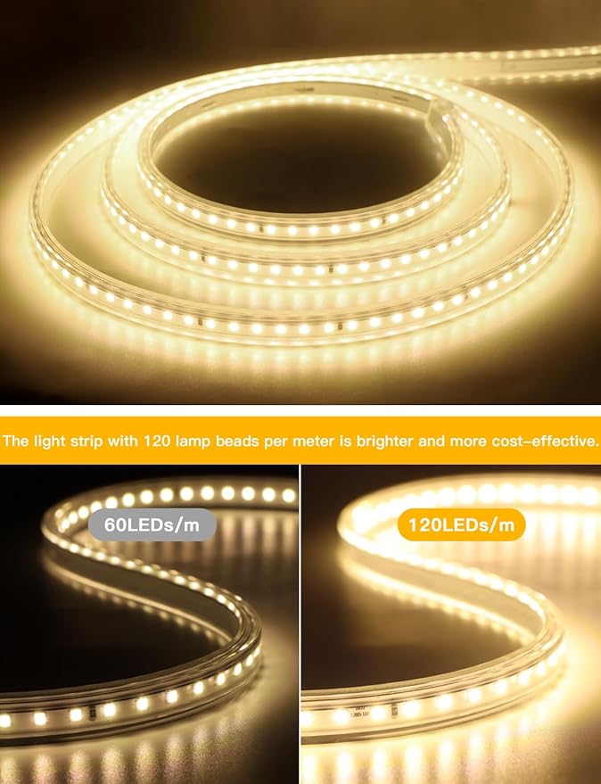 AIMENGTE Led Strip Lights for Room - Outdoor Waterproof Led Strip for Bedroom Kitchen Garden Outside Eaves House Party, AC 110V, 360LEDs, 3000k LED Rope Lighting (9.9ft, Warm White)