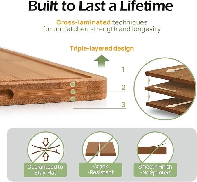 Butcher Block 2-Pcs Carbonized Bamboo Cutting Board Set With Juice Groove For Meal Prep & Cheese Serving - Ideal Kitchen Gift Set of 2 (M+L)