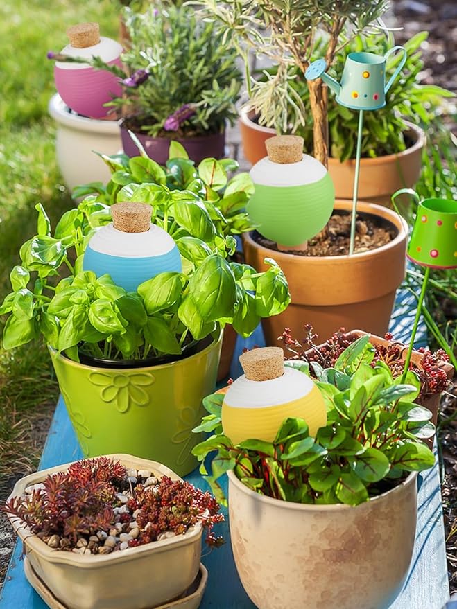 4Pcs Plant Watering Globes, Kalolary Large Terracotta Automatic Watering Stake Devices with Wooden Stopper for Pots, Planters, Indoor, Outdoor