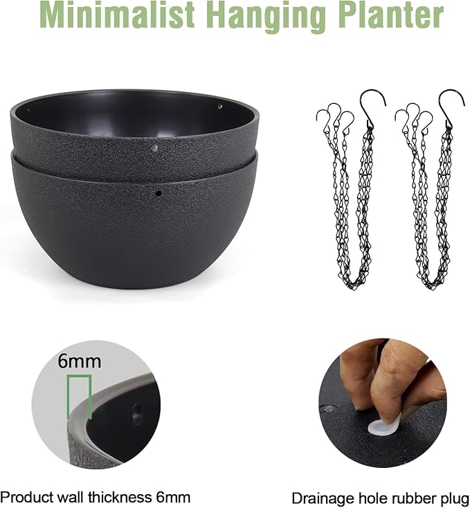 12 inch Large Hanging Planters for Indoor Outdoor Plants, 2 Pack Hanging Flower Pots with Drainage Holes and Chain for Garden Porch Plants, Plastic Hanging Baskets for House Plants, Black