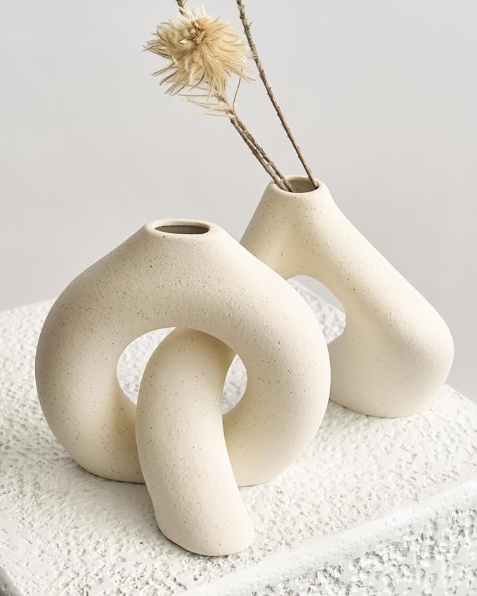 NOBULA White Ceramic Donut Vases – Modern Home Decor for Living Room, Bedroom & Table Centerpiece - Minimalist Nordic – Unique Vases for Olive Plant & Flowers – Decorative Coffee Table Vase Set of 2