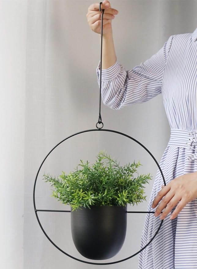 Hanging Planter for Indoor Outdoor Plants Metal Mid Century Minimalist Wall Ceiling Plant Hanger Hanging Flower Pot Basket Holder for Home Office Décor, Black
