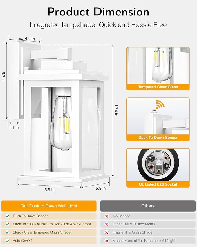 VIANIS White Outdoor Wall Lights, 2 Pack Dusk to Dawn Exterior Lighting Fixtures, Modern Outside Lights for hHouse,Porch, Garage, Doorway Waterproof, Weather Resistant,Hardwired, Non-Solar