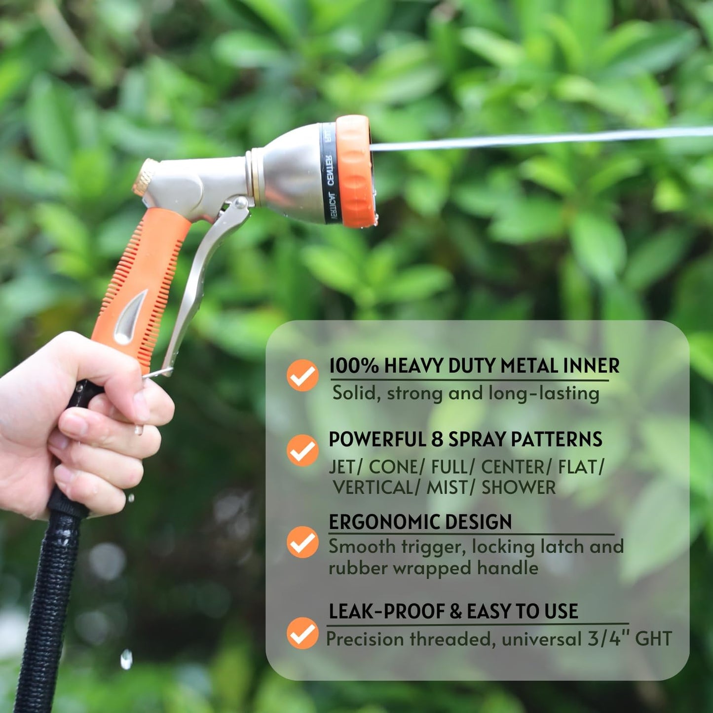 HOSUN Garden Hose Nozzle Sprayer Heavy Duty, 100% Metal Water Hose Nozzle with 8 Spray Patterns, High Pressure Hose Spray Nozzle with Non-Slip Grip for Watering Plant & Lawn, Washing Car & Pet, Orange