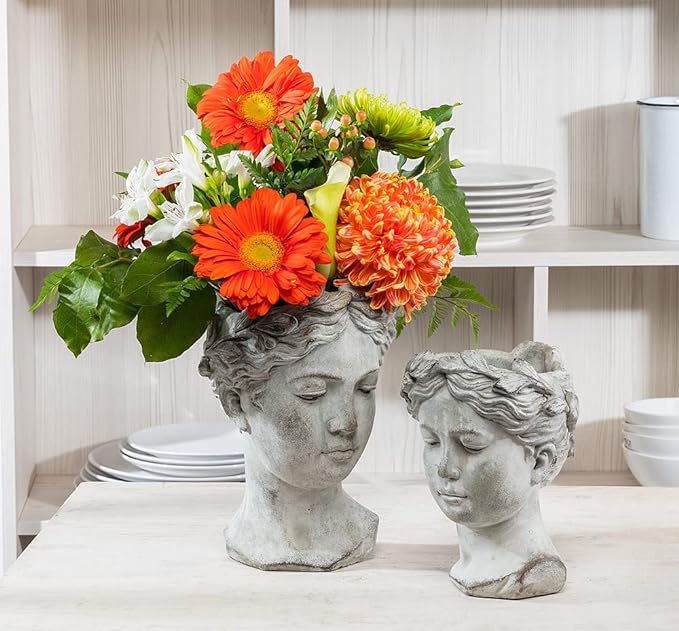 Abbott Collection Goddess Head Planter - Large Cement Indoor and Outdoor Planter Pot - Grecian Woman Statue Head Planter for Flowers and Succulents - Grey (10" H, 4.5" Opening)