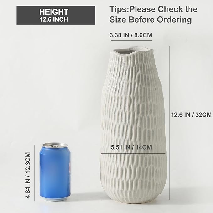 12.6 Inch Grey Modern Handmade Ceramic Vase, Rustic Farmhouse Decorative Flower Vases for Home Decor,Pampas Grass Bouquet, Living Room,Kitchen,Office,Bedroom,Centerpiece Table