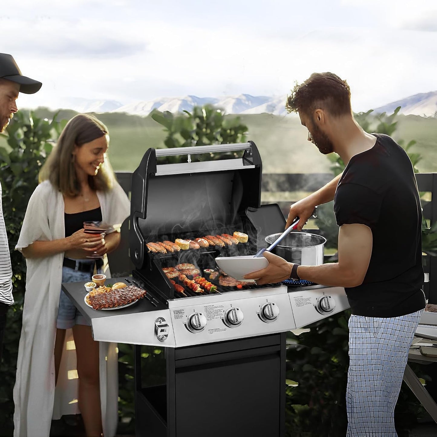 3 Burners Gas Grill with Side Burner, Propane Grill with Wheels and Storage, Outdoor Gas BBQ with Oil Tray and Thermometer for Patio and Party, 37000 BTU