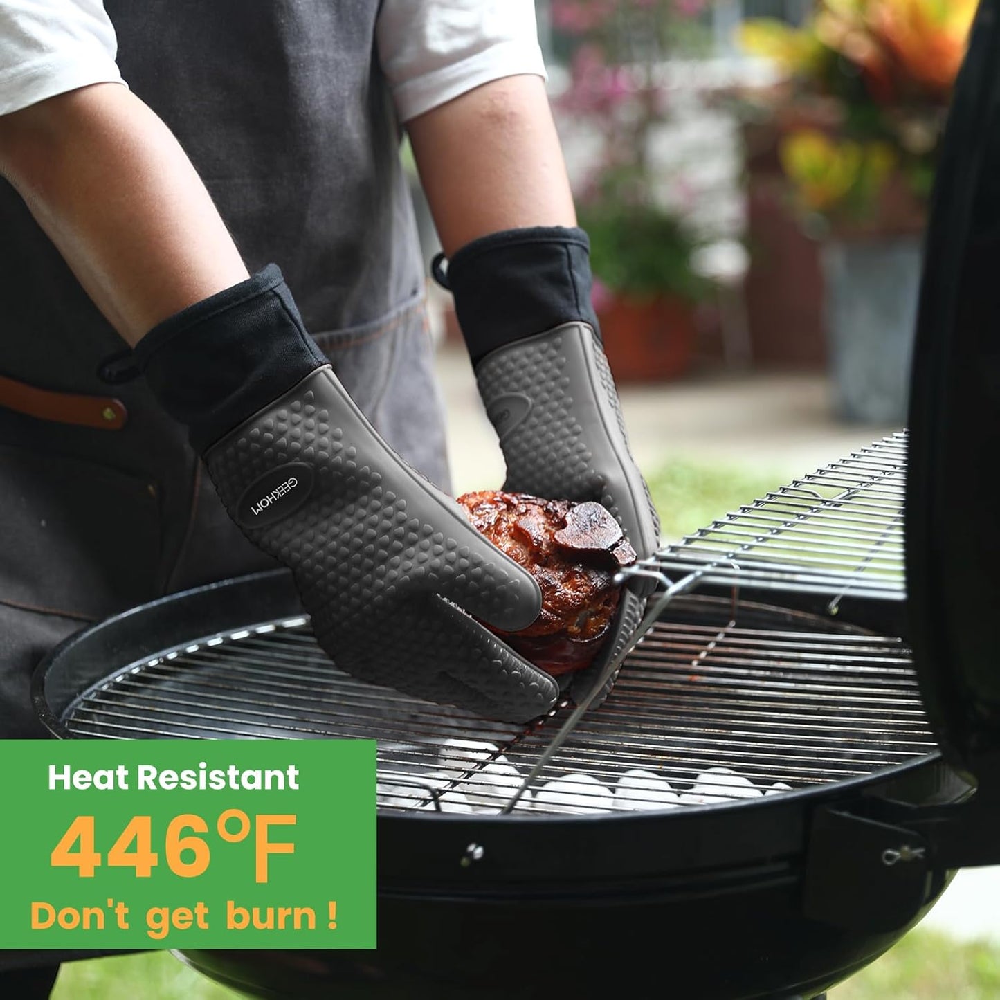 GEEKHOM BBQ Gloves Heat Resistant Oven Mitts - Silicone Grilling Gloves with 14" Long Arm Protection - Waterproof Pot Holder Non-Slip for Men & Women, Kitchen Cooking, Baking, Camping, Gray