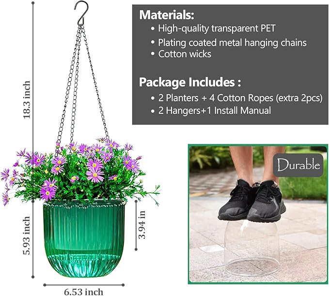 6.5 Inch 2 Pcs Self Watering Hanging Planter Indoor Plant Pots Drainage Holes, Outdoor Hanging Planters Flower Pot Basket, Visible Water Level, Plant Hanger Home Decor, Gardening