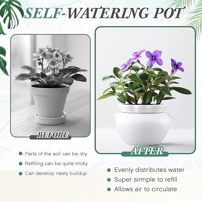 1 Set 7.5 Inches African Violet Pots Self Watering White Ceramic Pot for Indoor Plants, Flowerpot with Highly Absorbent Inner Pot for Busy Plant Lovers, Plant Care