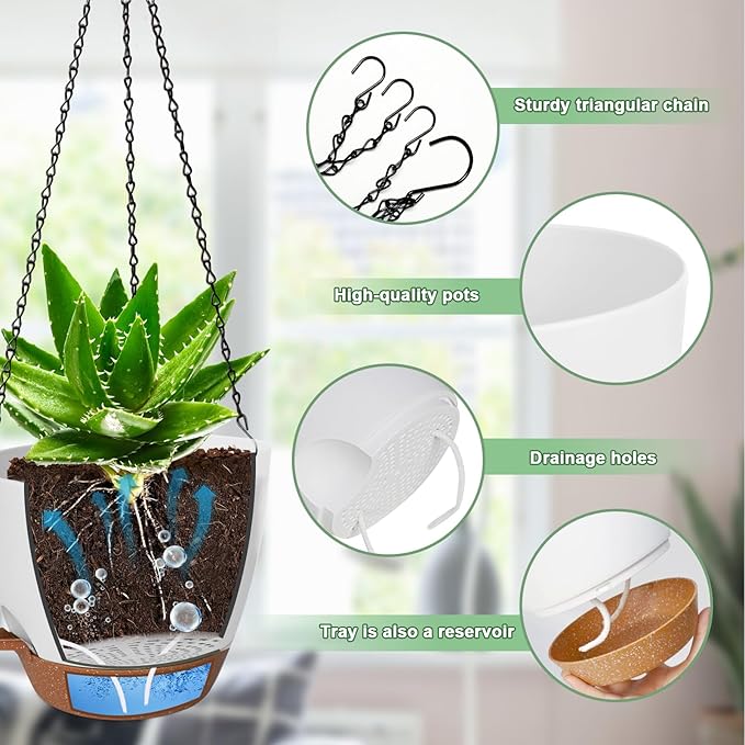 10/9/8 Inch Hanging Planter for Indoor Outdoor Plants, 3 Pack Self-Watering Hanging Pot with Drainage Holes Hanging Planter Baskets Plant Pots with Removable Tray (White+Brown)