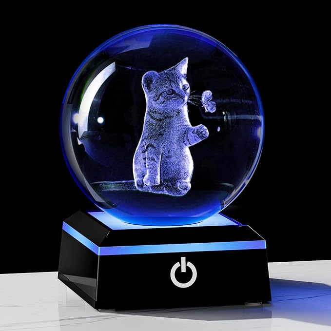 3D Cat Crystal Ball Cat Lover Gifts for Women 3D Cat Figurines Home Decor Cat Collectibles Snow Globes Gift for Girl Cat Lamp for Bedroom Unique Cat Gifts for Her