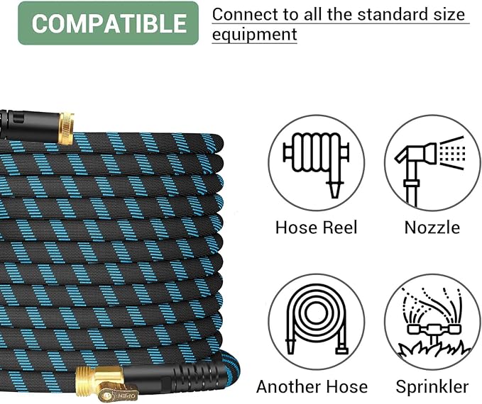 100Ft Non-Expandable Garden Hose, Flexible Water Hose with 10-Pattern Spray Nozzle, Lightweight Hose Pipe, Kink-Free, Leak-Proof, 3/4" Solid Metal Fittings