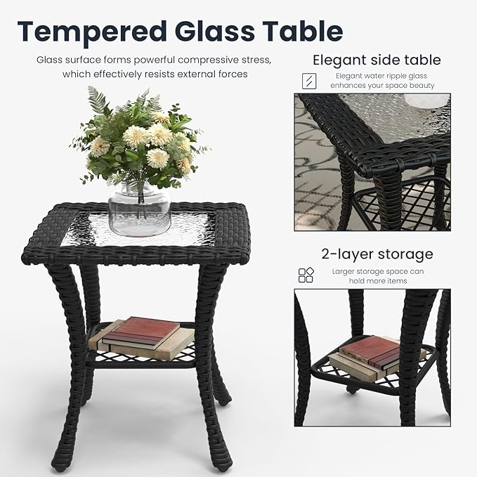 3 Pieces Outdoor Patio Furniture Sets with Rocking Swivel Chairs with 6-inch Thick Cushion and Side Table for Deck Lawn