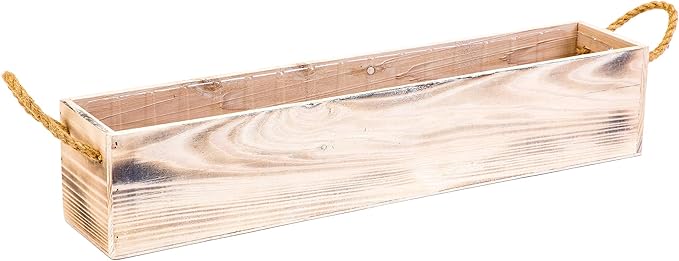 20" Rectangular Rustic Wood Planter with Handle and Plastic Liner l Rustic Whitewash l Country Style, Home and Wedding Decorations, Garden Ornaments (20x4 w Handle Set of 2, Whitewash)