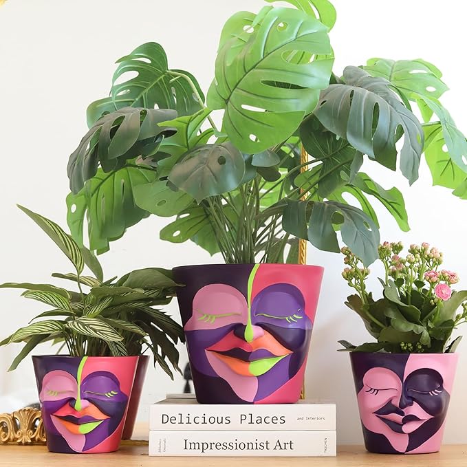 GUGUGO Face Planters Pots with Drainage, Abstract Gardening Pots for Indoor Plants, Unique Funny Small Succulent Pot for Plant Lover Gifts (Rainbow Colors - Mainly Green, 5.5Inch)